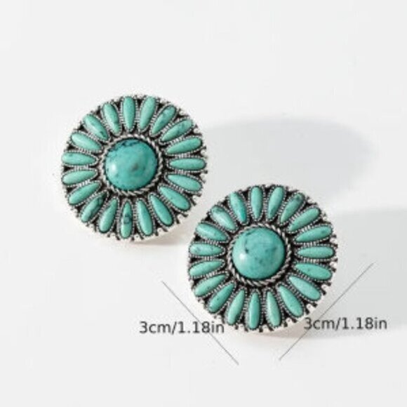Turquoise Sunflower Silver Plated Stud Western Bohemian Earrings - Picture 2 of 2